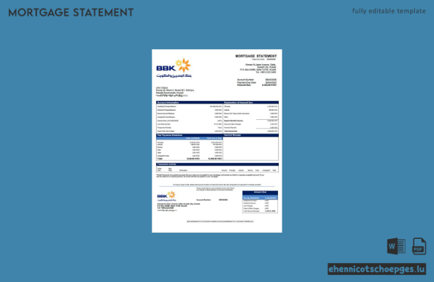 Beispielansicht eines Hypothekenauszugs der Kuwait Bank of Bahrain und der Kuwaitischen Hypothekenabrechnung (Word- und PDF-Format)